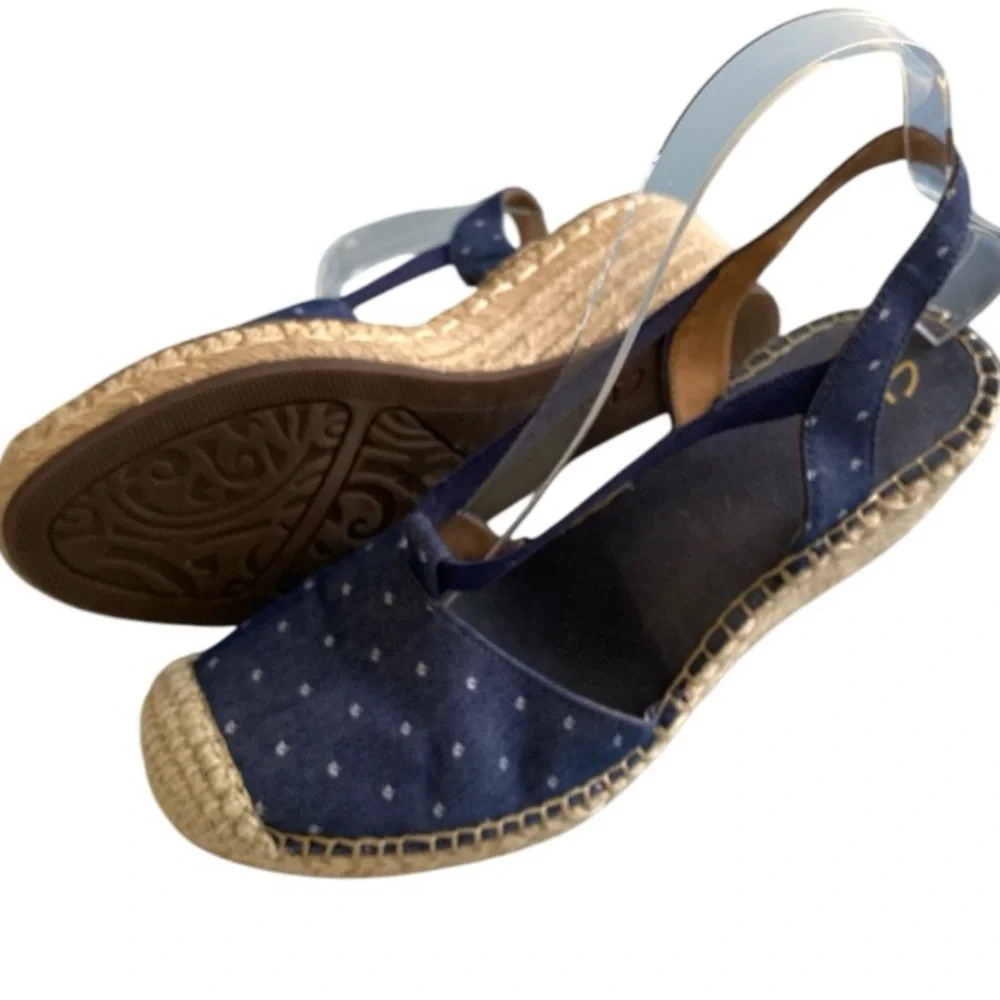 Clarks Blue Polka Dot Espadrille Wedge Sandals Coastal Resort Vacation Sz 8